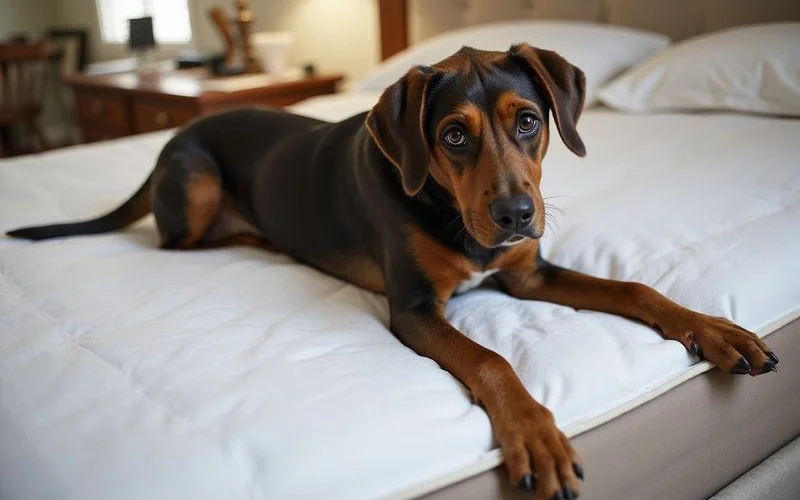 Bed bug detection canine systematically inspecting bedroom furniture edges and mattress seams during certified K9 scent detection inspection in Westchester home