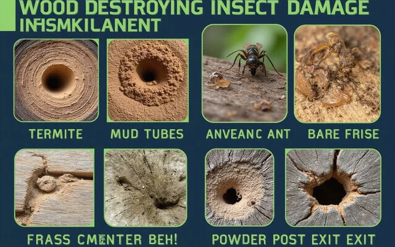 Close up comparison of four types of wood destroying insect damage showing termite mud tubes carpenter ant frass carpenter bee bore holes and powder post beetle exit holes