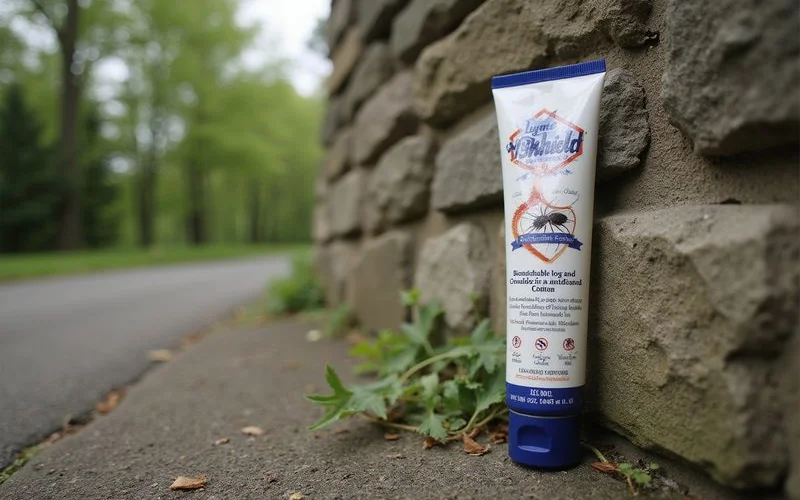 Close up photograph of LymeShield tick tube placed at base of stone wall near wooded property border showing biodegradable design and treated cotton