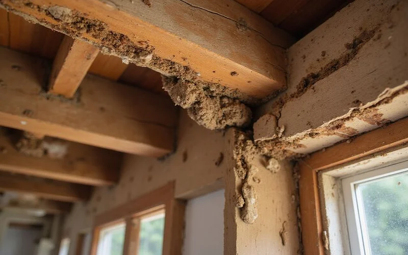 Close up of termite damaged wood showing internal galleries and hollowed structure in a home beam