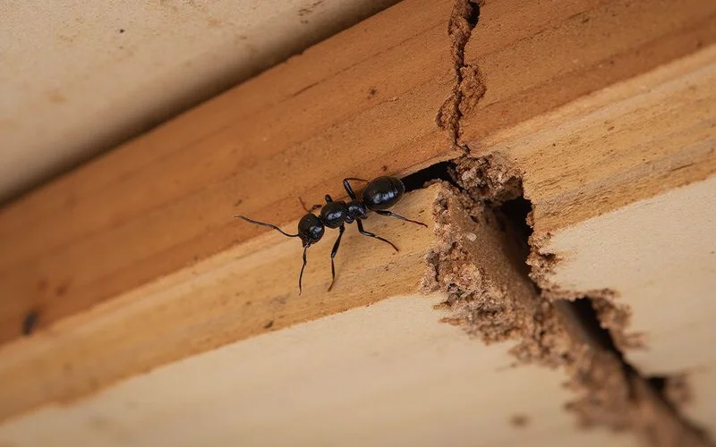 Close-up view of carpenter ant damage in wooden structural beam showing smooth excavated galleries typical of Westchester County homes