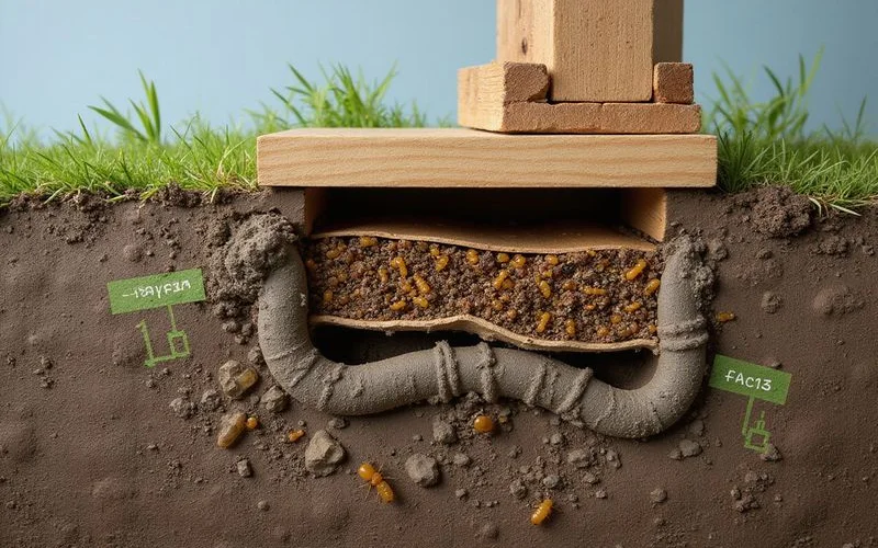 Cross section illustration showing subterranean termite colony underground with mud tubes extending up foundation wall to reach wooden structural elements