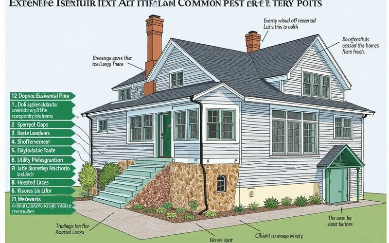Detailed exterior diagram of typical Westchester colonial home highlighting twenty common pest entry points including soffit gaps utility penetrations and foundation cracks