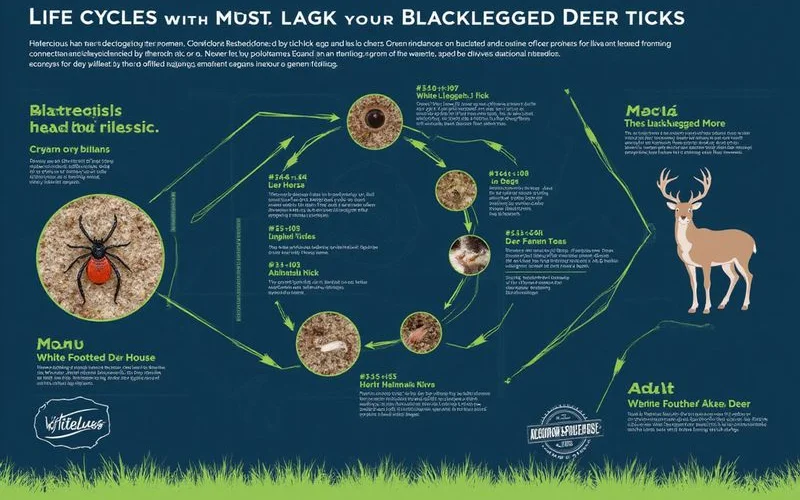 Detailed lifecycle diagram of blacklegged deer tick showing larval nymphal and adult stages with white footed mouse and white tailed deer host connections