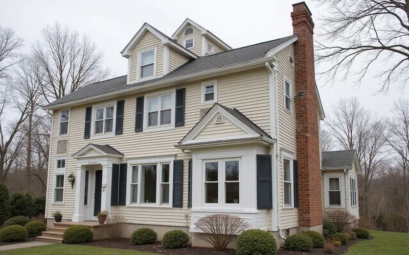 Exterior view of Westchester colonial home showing common wildlife entry points including soffit gaps gable vents and chimney flashing areas