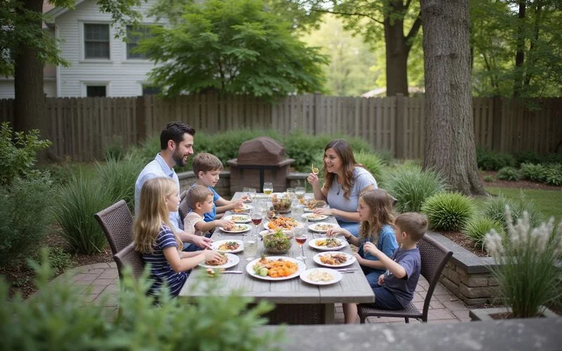 Family enjoying outdoor dinner on Westchester patio protected by mosquito barrier treatment with citronella plants and natural landscape border