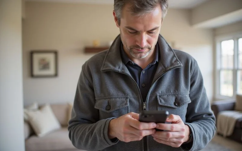 Homeowner checking SMART pest monitoring app on smartphone showing clean status for their property