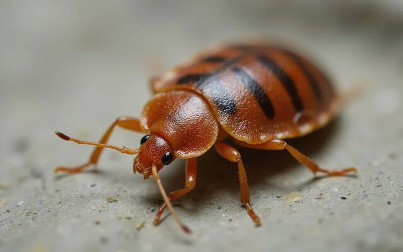 Magnified photograph of adult bed bug showing flat oval body reddish brown coloring and characteristic segmented antenna used for host detection
