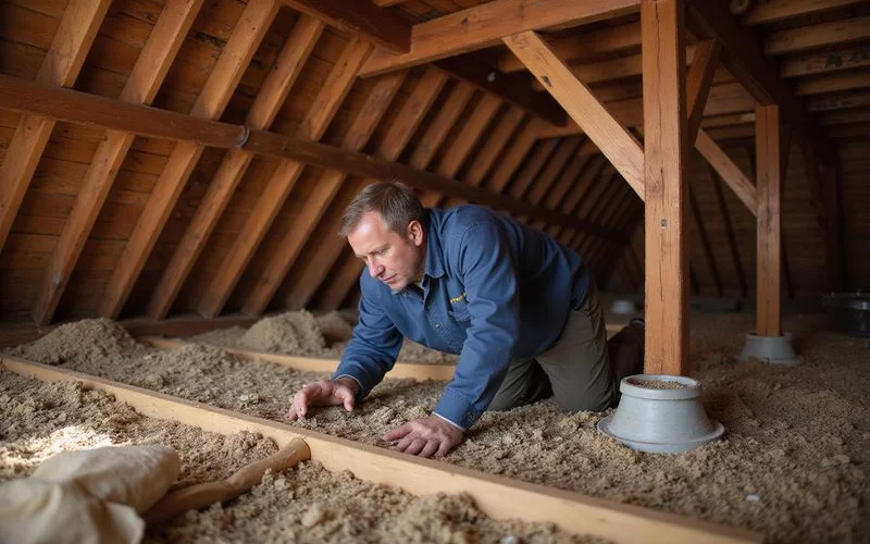 Professional pest control technician inspecting a Westchester home attic for signs of pest activity
