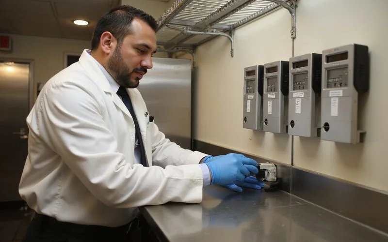 Pristine Pest commercial technician performing systematic inspection of food storage area in Westchester County restaurant verifying monitoring stations and compliance