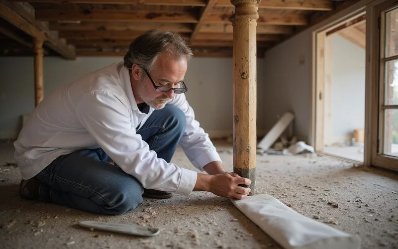 Pristine Pest inspector conducting systematic WDI inspection of accessible basement areas checking sill plates joists and foundation walls in Westchester home