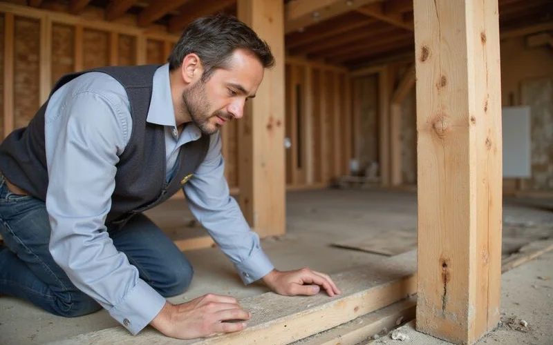 Pristine Pest inspector examining foundation sill plate and floor joists during WDI wood destroying insect inspection for Westchester real estate transaction