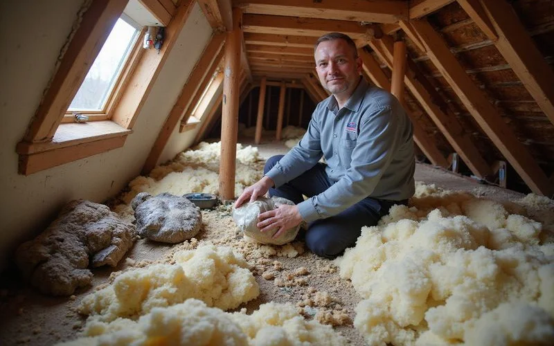Pristine Pest technician performing attic cleanup removing contaminated insulation and droppings after successful wildlife exclusion in Westchester County home