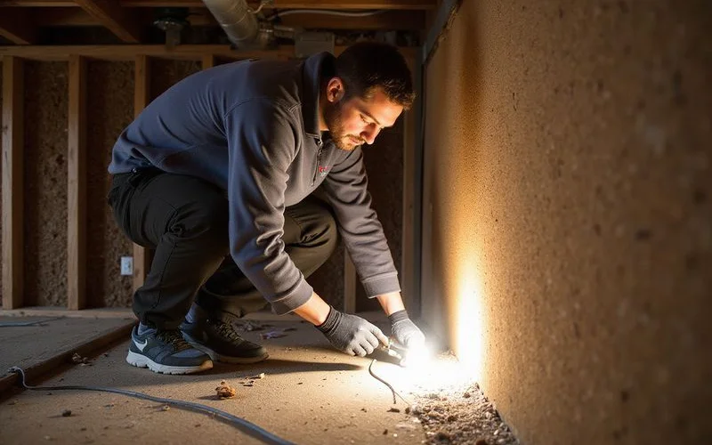 Pristine Pest technician using flashlight to inspect basement rim joist area identifying mouse entry gaps between foundation and wood framing