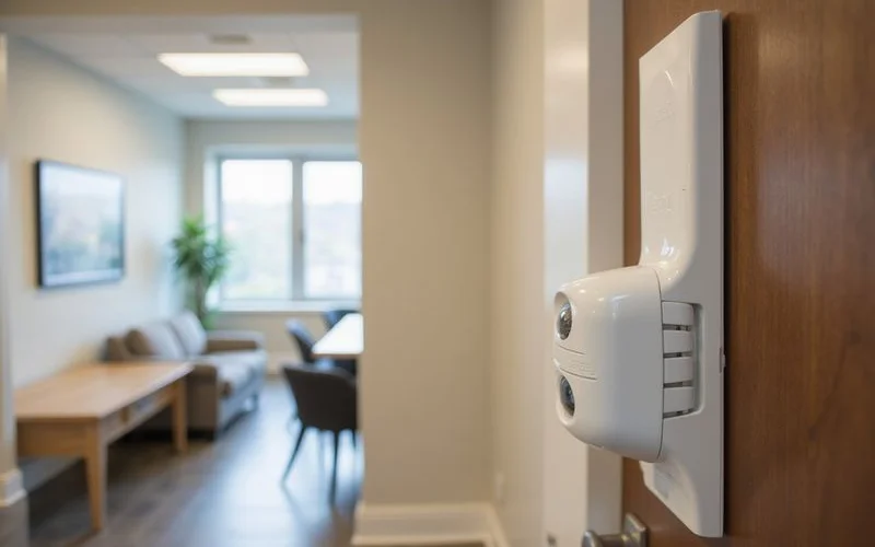 Professional low profile pest monitoring device discreetly installed in commercial office space blending with interior design of Westchester business