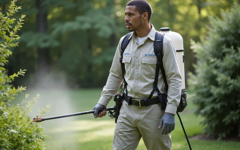 Professional technician applying chemical mosquito barrier spray to vegetation around a Westchester yard