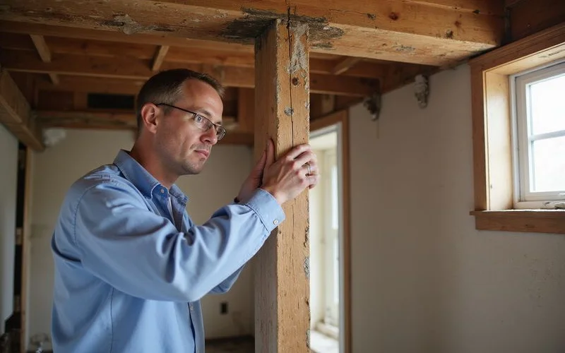 Professional termite inspector examining a basement support beam with a flashlight in Westchester home