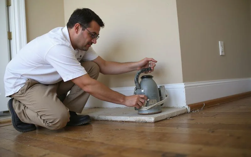 Professional termite inspector examining foundation perimeter during annual inspection at New York home