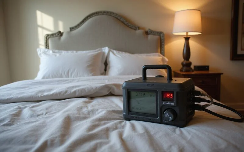 Professional thermal remediation equipment and temperature monitoring sensors positioned in bedroom during bed bug heat treatment process