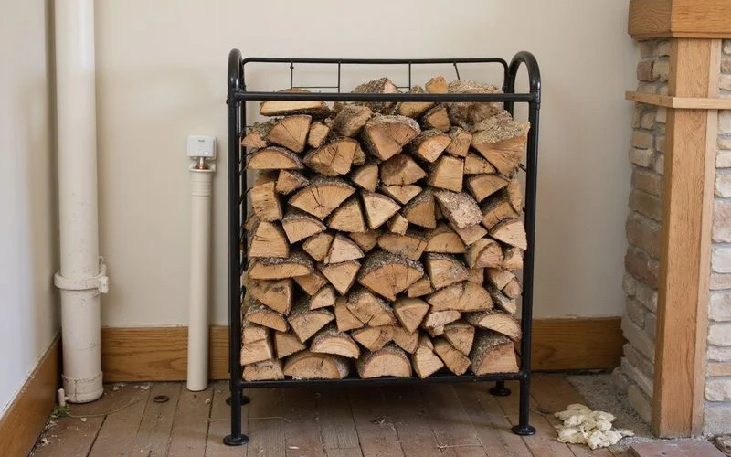 Proper firewood storage on a metal rack elevated off the ground twenty feet from a home foundation