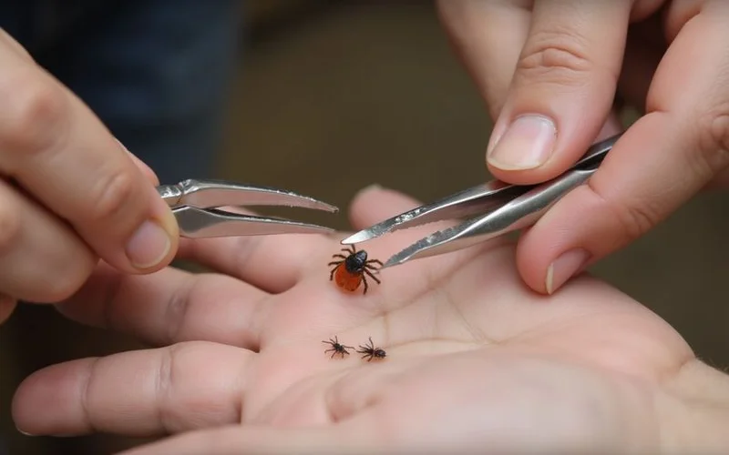 Proper tick removal technique using fine tipped tweezers pulling straight up with steady pressure