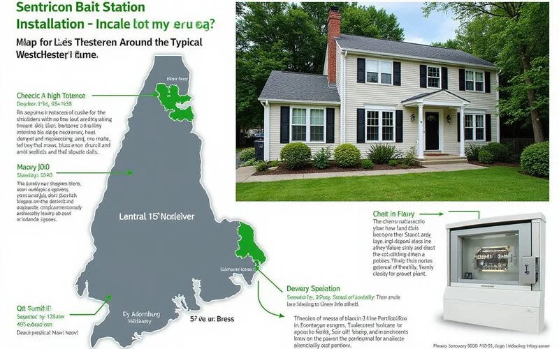 Sentricon bait station installation map showing station placement around a typical Westchester home