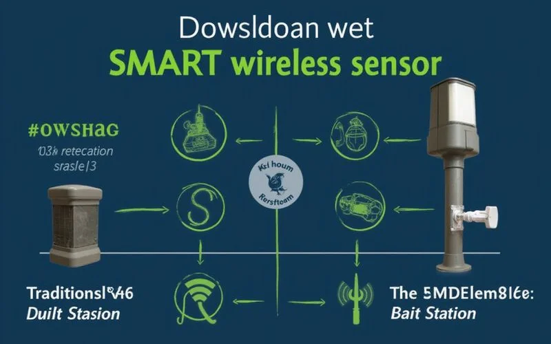 Side by side comparison of traditional rodent bait station versus modern SMART wireless sensor showing size difference and technology advancement