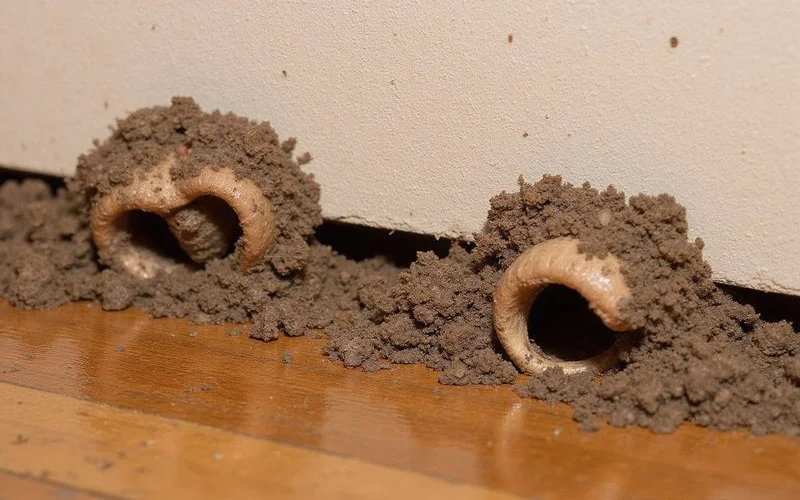 Subterranean termite mud tubes running along a basement foundation wall in a Westchester County home