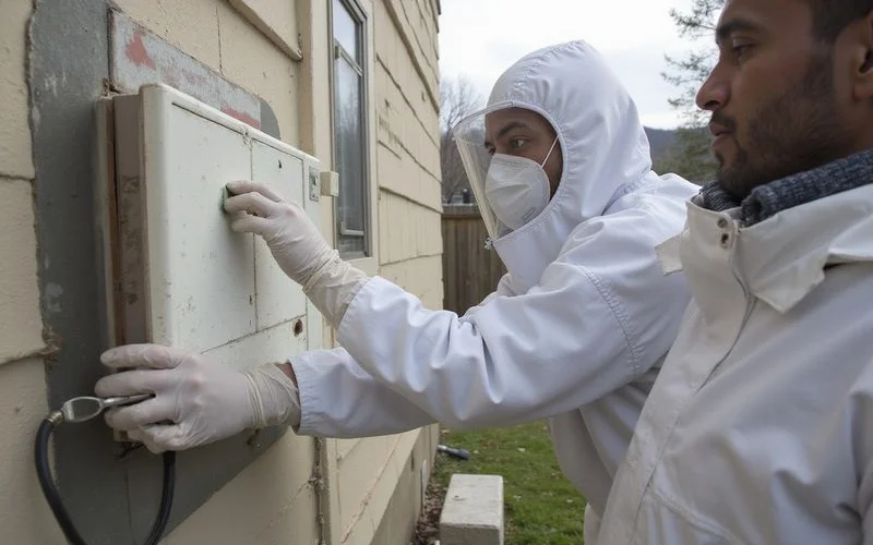 Technician applying early spring tick barrier treatment to the perimeter of a Hudson Valley property