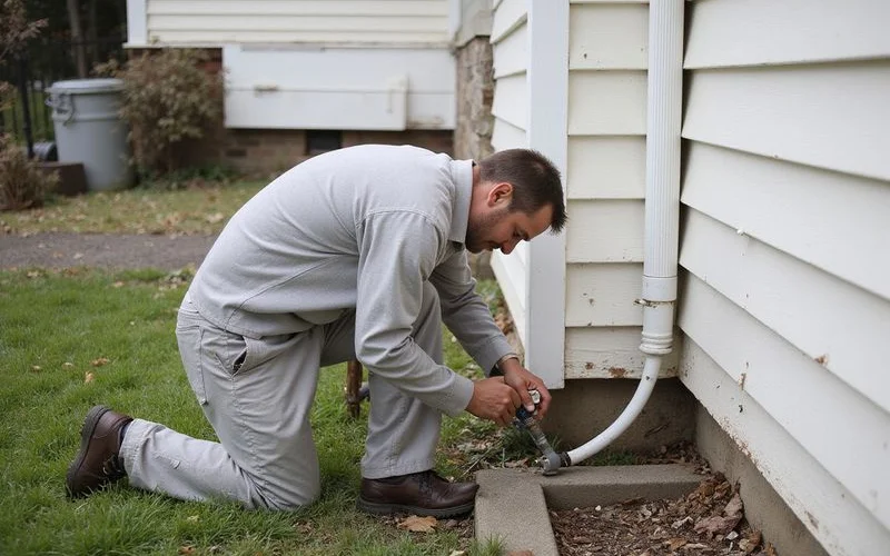 Technician applying liquid termite treatment along the exterior foundation of a Westchester County home
