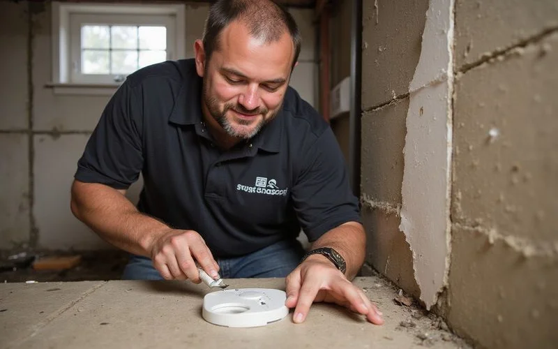 Technician installing a SMART sensor in a basement crawl space of a Westchester County residence