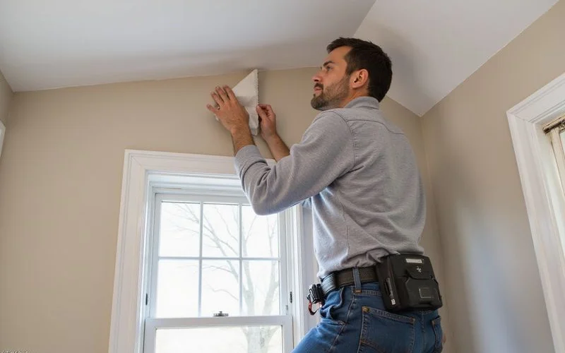 Technician performing fall exclusion work sealing soffit gaps on a Westchester home before winter