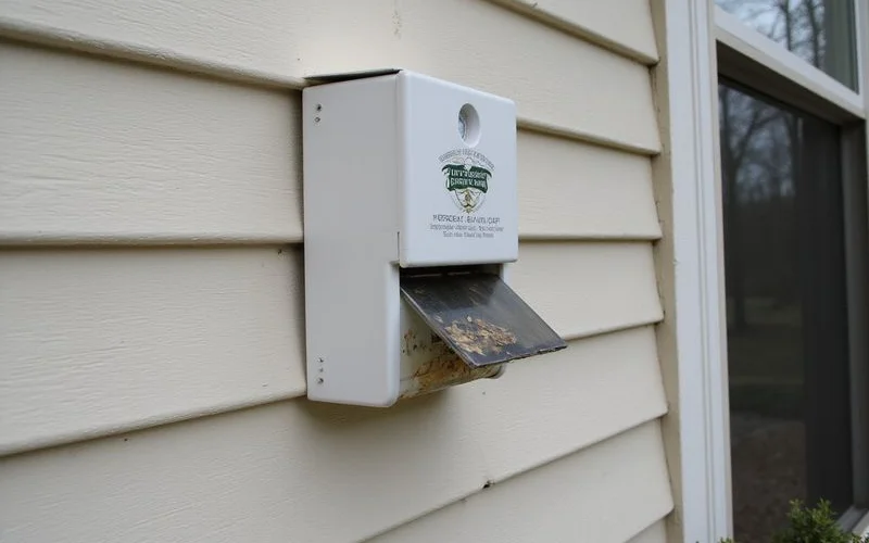 Traditional rodent bait station installed along an exterior wall next to a Westchester County home