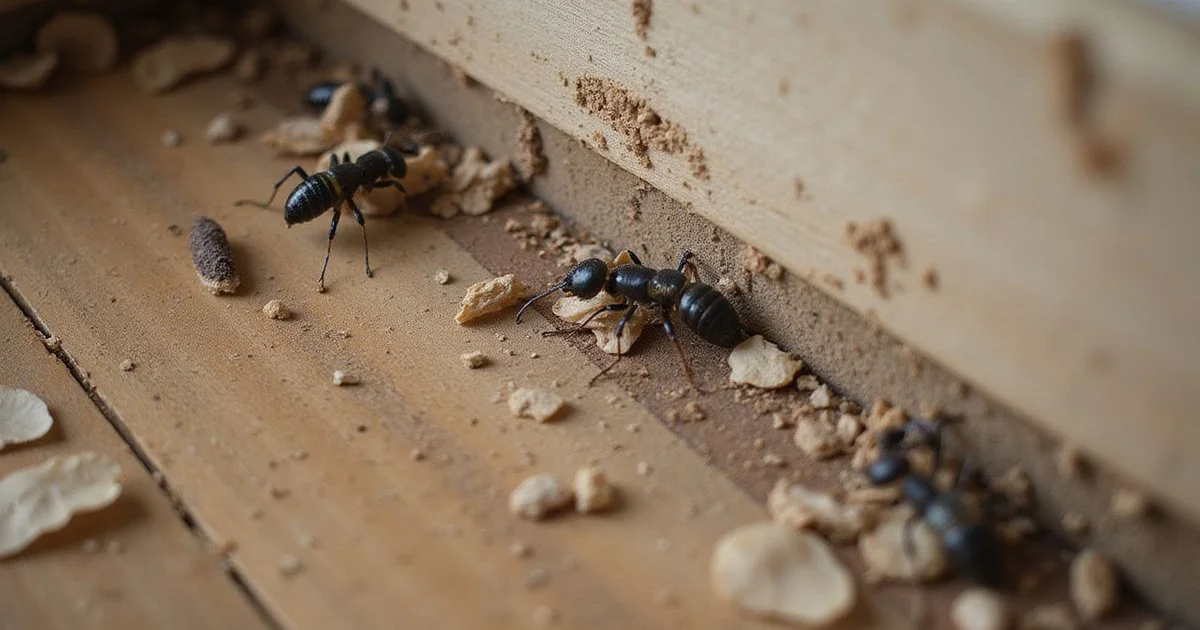 Close up of termite damage indicators including mud tubes and hollowed wood in a Westchester County home