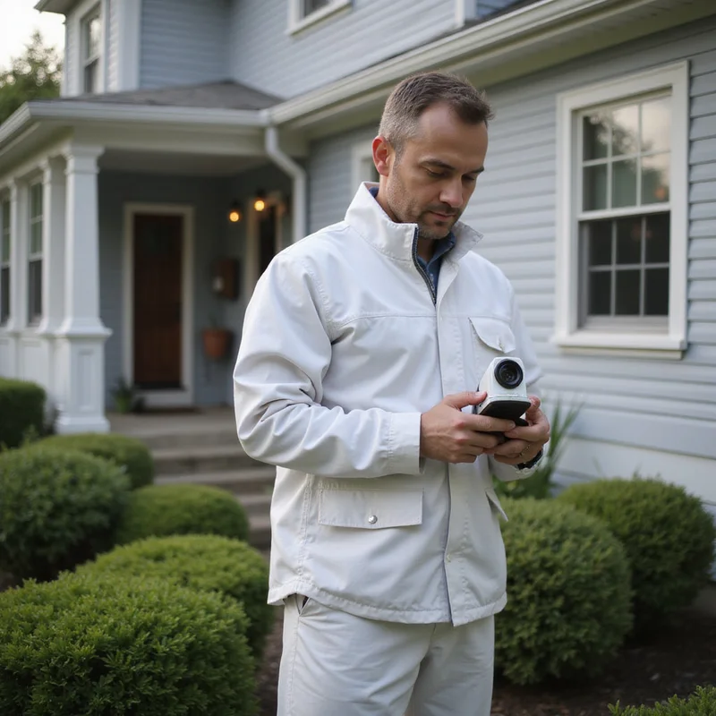 Pristine Pest technician installing SMART digital monitoring sensors at a Westchester County home